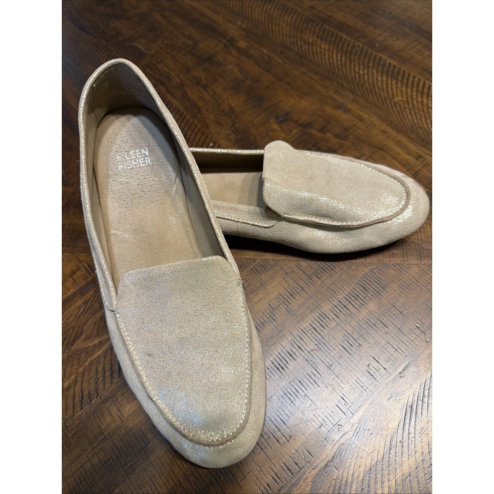 EILEEN FISHER Shiny Gold Metallic Flats Slip On Loafer Style Size 8 Shoes